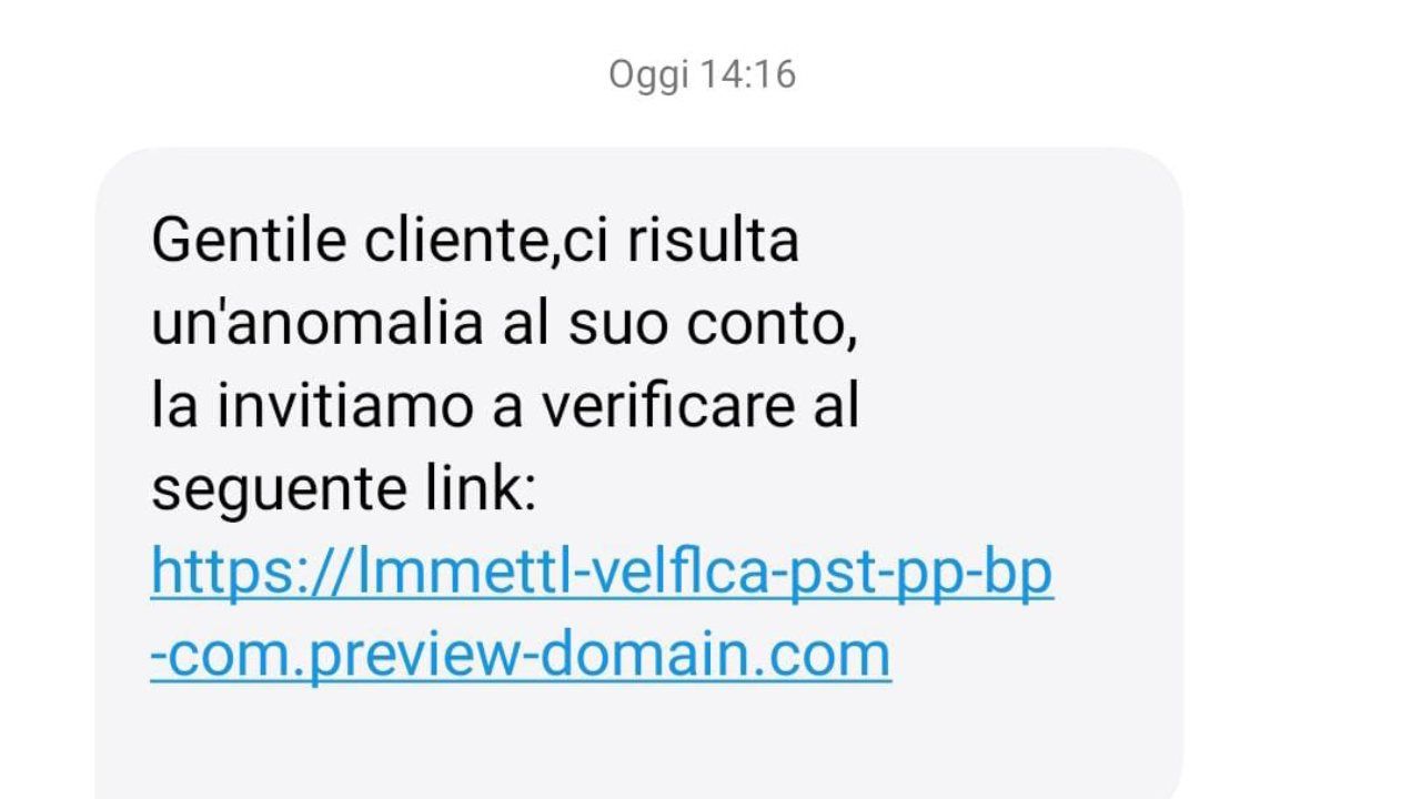 Anomalia sul conto sms truffa