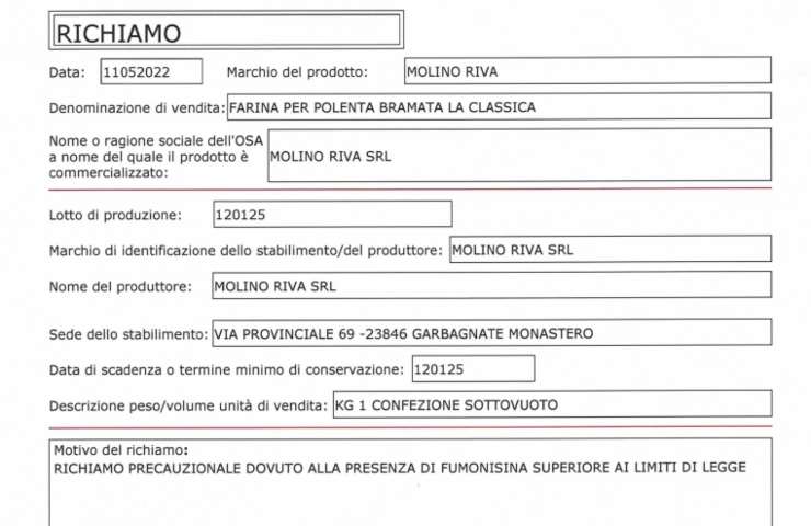 Allerta alimentare polenta e salame